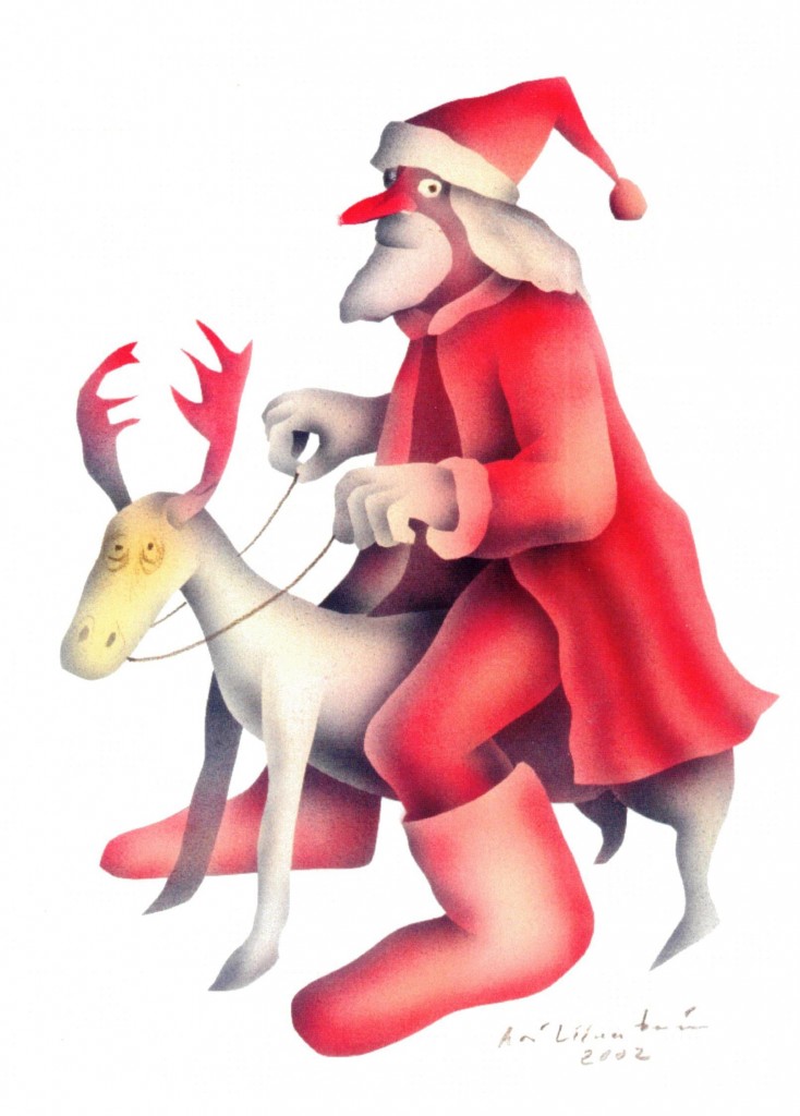 Liimatainen on tehnyt tilaustöinä monenlaista. Piilosen Kassulle tehtiin sellainen paita, jossa mies ratsastaa sahapukin päällä vesuria heilutellen. Moni metsämies toivoi samanlaista itselleen.  Tässä suositussa 2002 joulukortissa ”Pukki tulee että poro pölisee” on vähän vastaava meininki. Punaiset joulupukkiaiheet ärjyine pukkeineen olivat myyntimenestys.