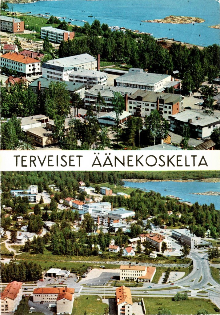  Vuonna 1971 Karhumäki Oy teetti tällaisen kaksiosaisen ilmakuvakortin (Karhumäki nro 3929-3931), joka on varsin yleinen, mutta tämänpäivän äänekoskelaista puhutteleva. Nykyinen Äänekoski on pitkälti muodostunut kauppaliikkeineen ja vanhat asuintalot sekä puiset liiketalot kadonneet. Kuitenkaan nykyistä toria ei näy, Väinämönkadun kerrostalot ovat vielä vähissä, Työski ja Osuuskaupan kivitalot vielä paikallaan. Seurakuntatalo on jo, mutta uuteen kaupungintaloon vielä pitkä matka, sillä Wessmanin kauppa ja muu koskenniskan männikkö on paikallaan. Laivarannasta pääsee vielä hetken aikaa Tammelinin kulmaan. Tukkilautat ovat vähissä eikä Ääneniemessä näy taloja. Eikä Äänekoskentietä ole.