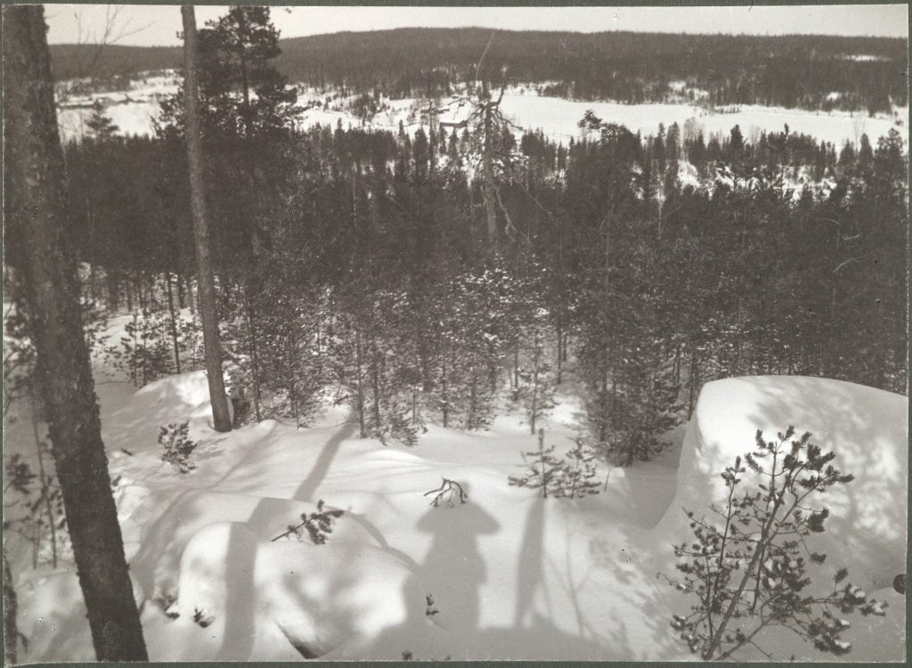 Tälle vuoden 1906 valokuvalle piti löytää oikea ottopaikka. Kuvassa olevaa keloa ei enää ole, mutta kesällä tutkitaan vielä, löytyykö kantoa ? Mielenkiintoinen on varjo valokuvaajasta, joka on noussut kiven päälle ja myös maalaustelineen varjo näkyy selvästi. Nordlundilta näyttää, sillä hattu ja sivulaukku tuntuvat täsmäävän (vrt ens.,kuva). Ylävasemmalla näkyy Rapaalan rakennuksia ja alhaalla lato. Polttoväliä pohdittiin – laajakulma, mutta tele ? Millaisia mahtoivat kamerat olla – ehkä Tarvaspään museo tietää ?