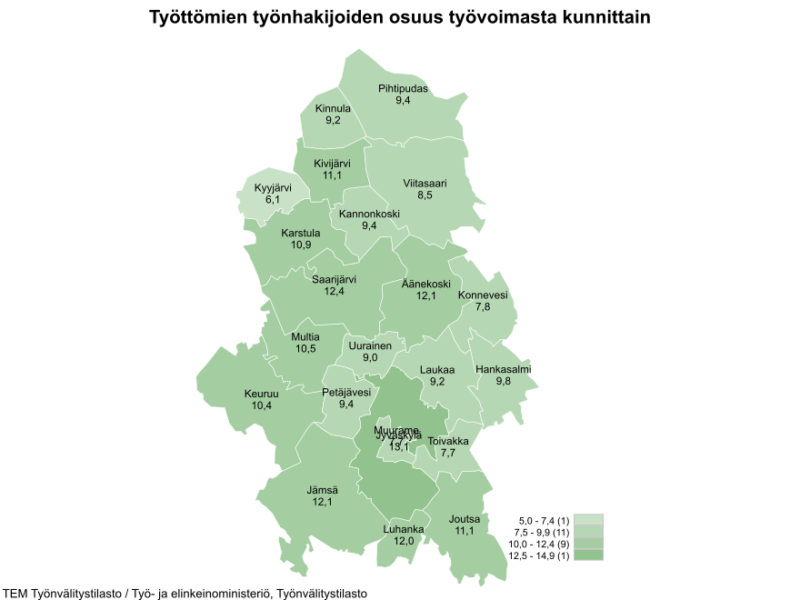 Keski-Suomessa työttömyys toukokuussa 11,9 prosenttia – Äänekoskella 12,1 prosenttia
