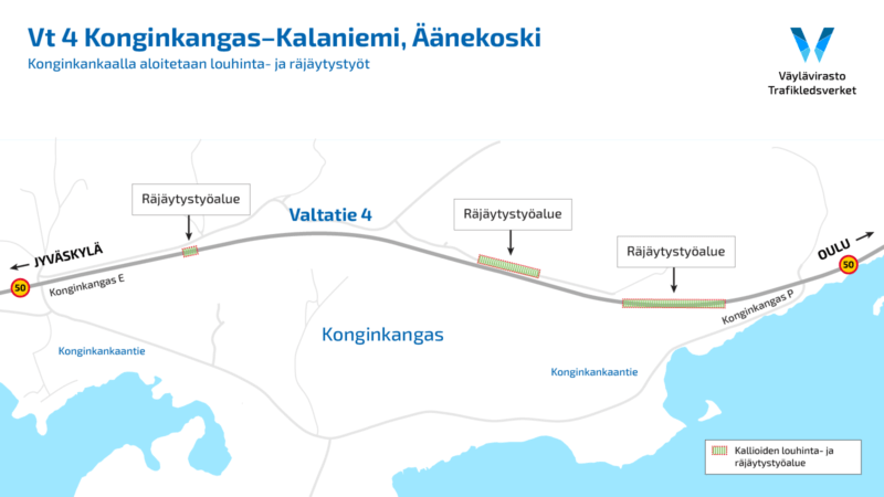 Vt 4 Konginkangas–Kalaniemi, Äänekoski: Räjäytystyöt alkavat Konginkankaan kohdalla