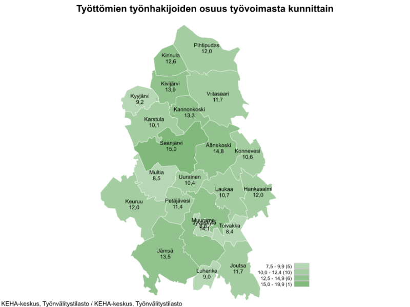Maakunnan työttömyys toukokuussa 13,2 prosenttia - Äänekoskella 14,8 prosenttia