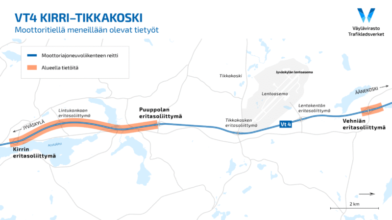 Vt 4 Kirri–Tikkakoski: Liikenne palautuu rinnakkaistieltä takaisin moottoritielle välillä Puuppola-Vehniä 23. heinäkuuta
